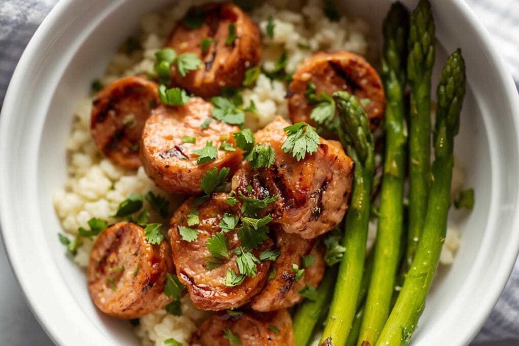 Cauliflower Rice Bowls with Grilled Asparagus & Chicken Sausage
