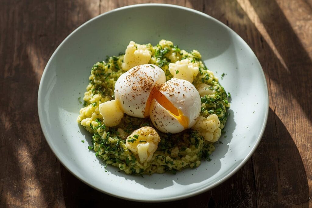 Cauliflower Hash with Poached Eggs
