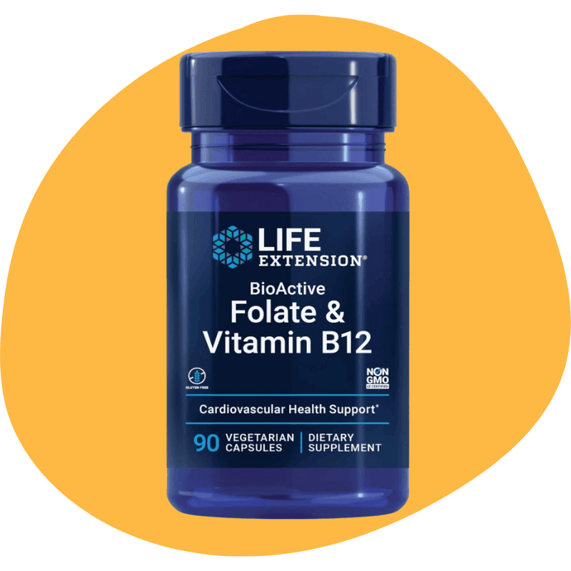 Life Extension BioActive Folate & Vitamin B12, Promotes Heart, Brain & GI Tract Health, Non-GMO, Gluten-Free, Vegetarian, 90 Capsules