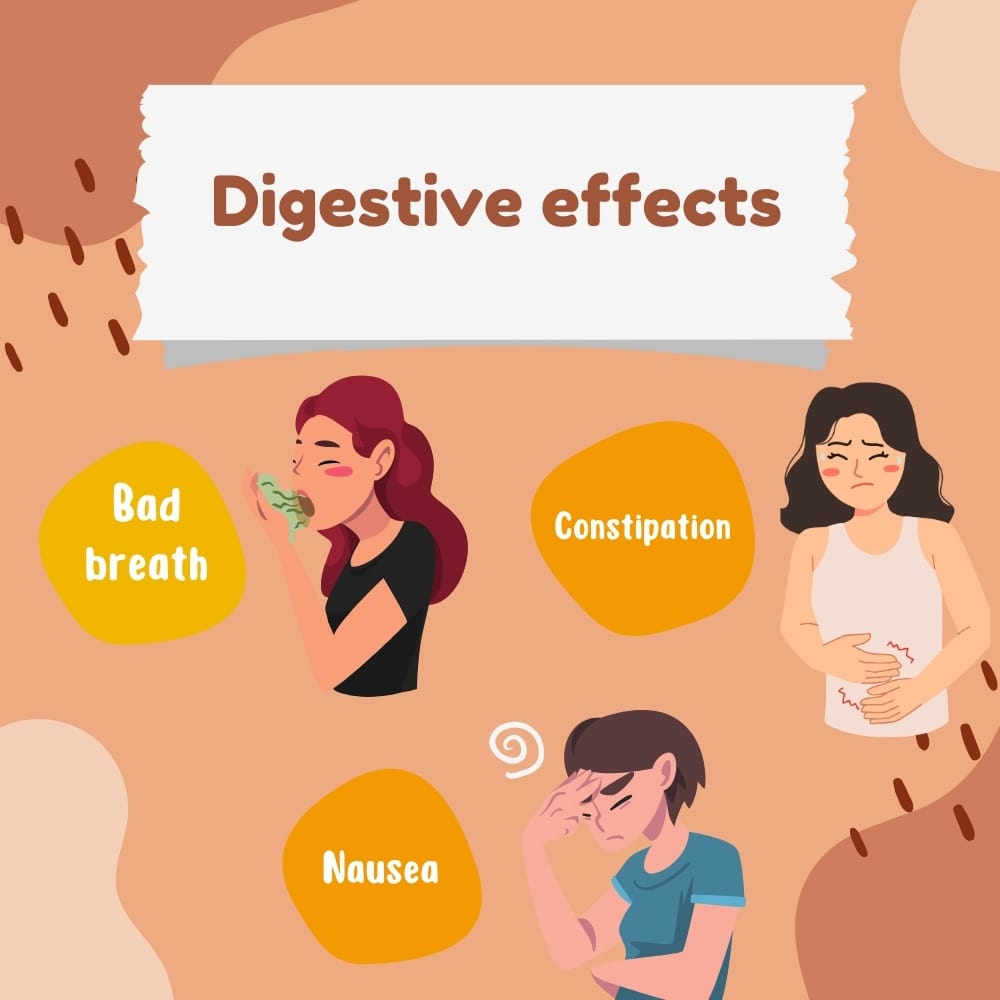 Digestive effects: constipation, nausea, and bad breath Digestive effects: constipation, nausea, and bad breath