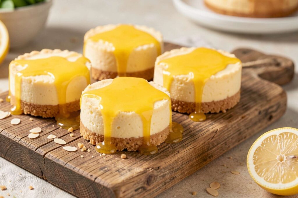 Mini No-Bake Keto Cheesecakes (almond-crust, lemon glaze)