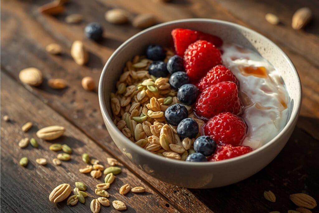Greek yogurt bowl with nuts, seeds, and berries