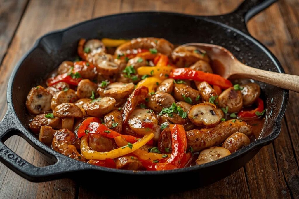 Sausage, mushroom, and pepper breakfast skillet