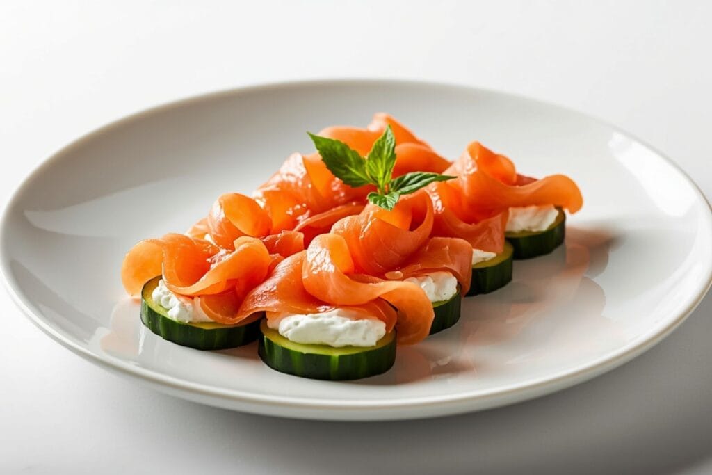 Smoked salmon cucumber plate with cream cheese
