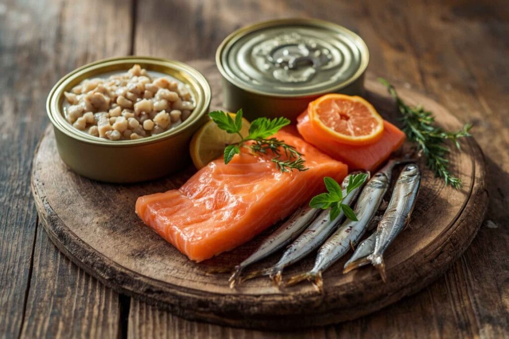 Canned tuna, salmon, and sardines