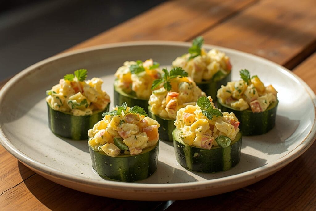 Egg salad cucumber boats