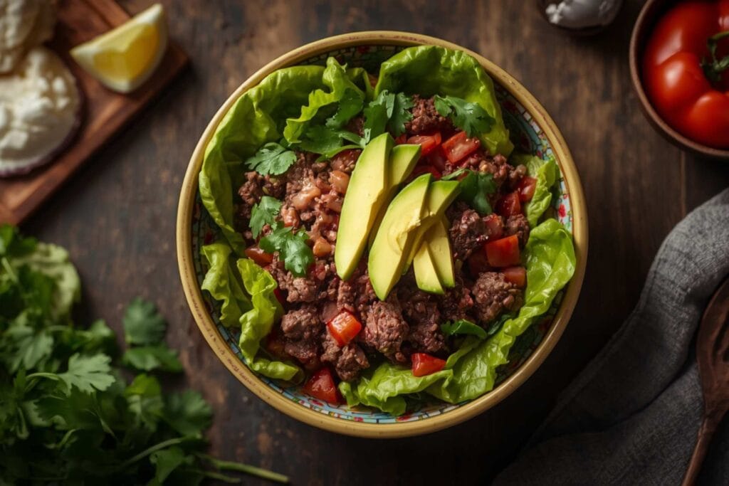 Taco Salad Bowl with Beef, Lettuce, and Avocado