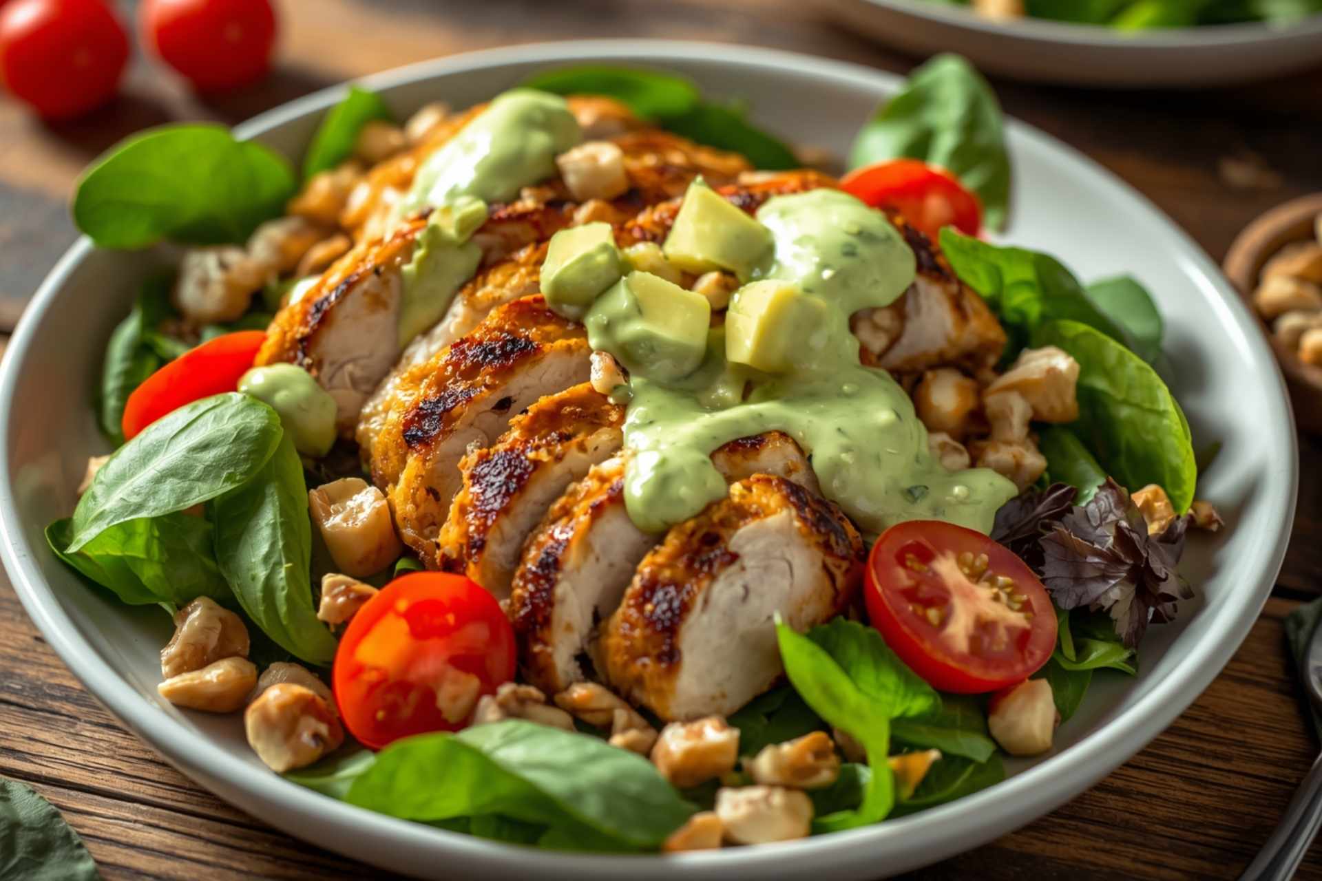 Grilled Chicken Spinach Salad with Creamy Avocado Dressing