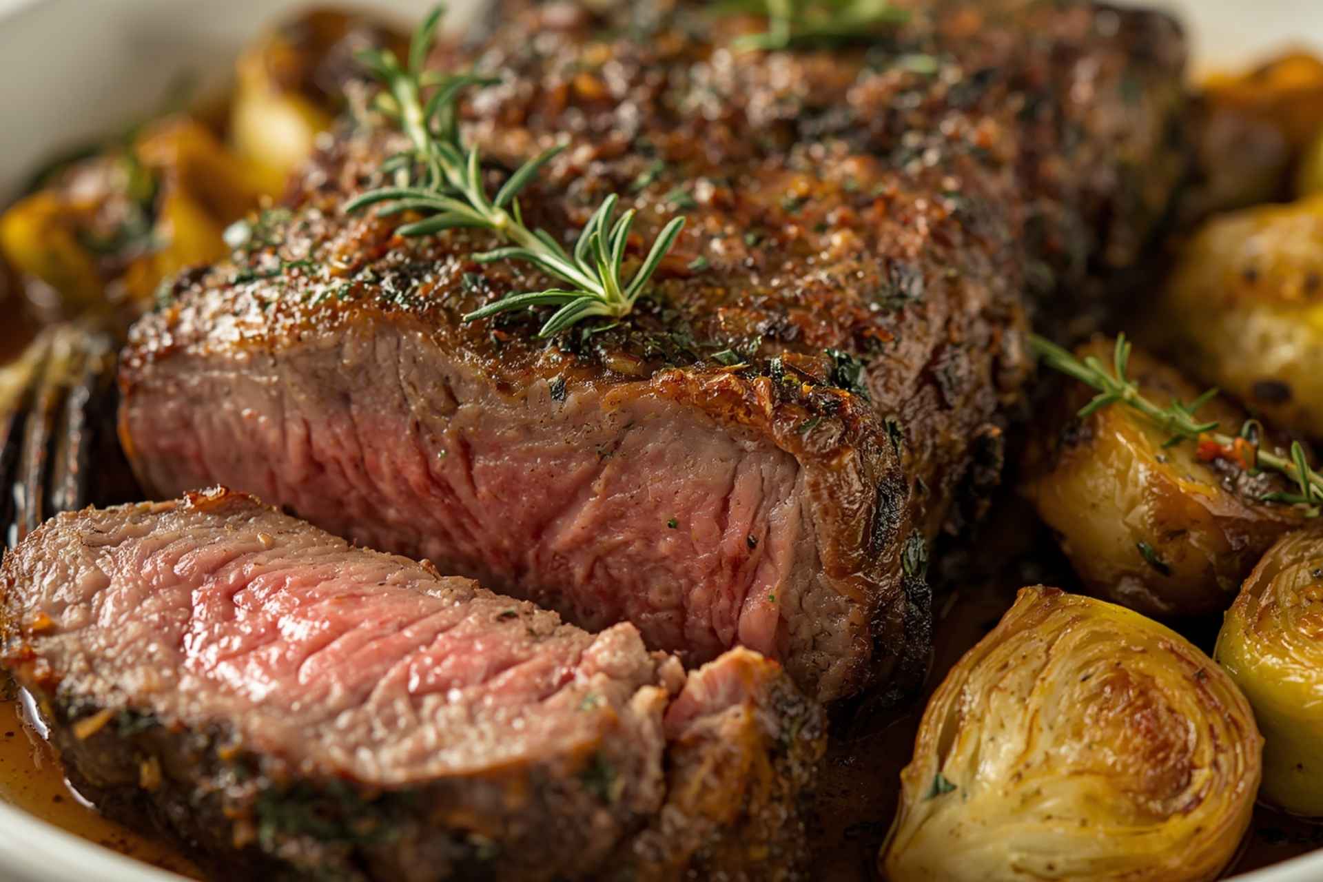 Herb-Crusted Beef Tenderloin with Garlic Brussels Sprouts