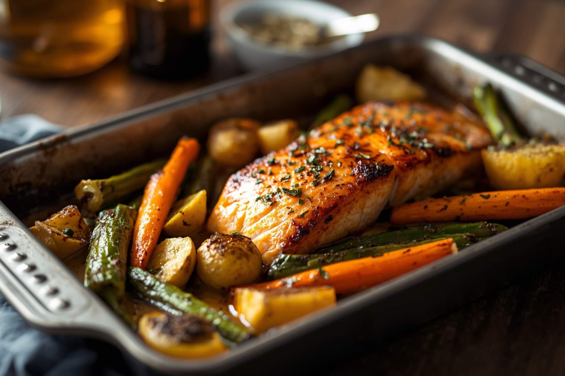 Lemon Garlic Salmon Traybake with Roasted Vegetables