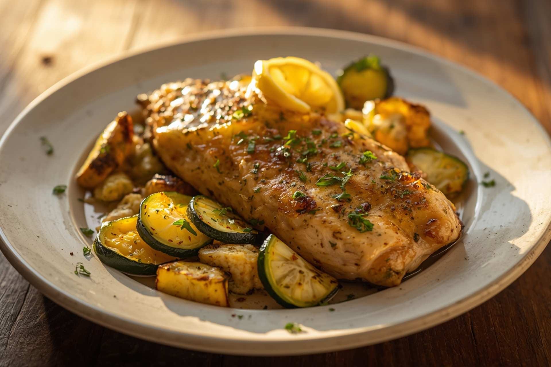 Lemon Herb Chicken with Roasted Zucchini and Cauliflower