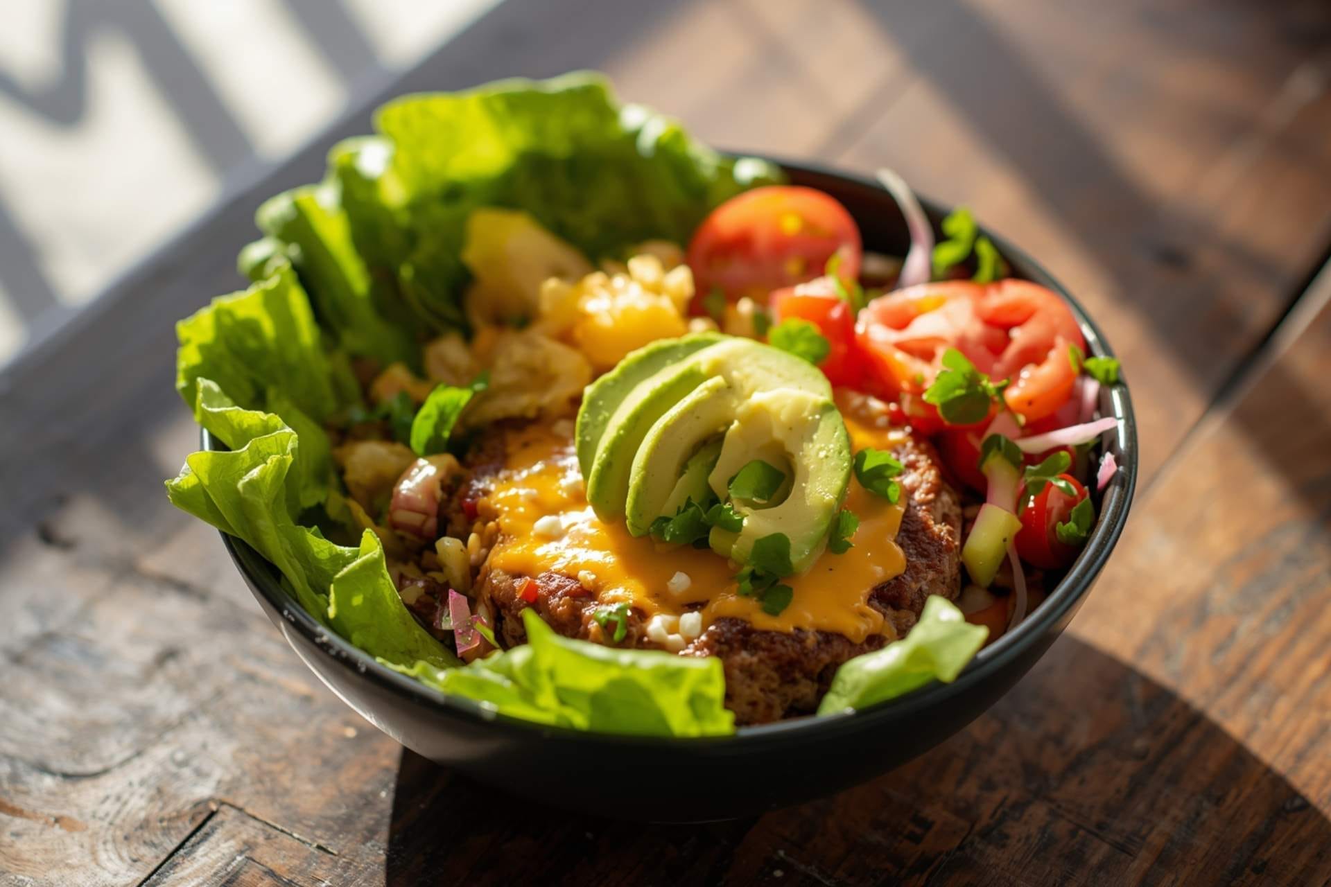 Low Carb Burger Bowl with Avocado and Cheese