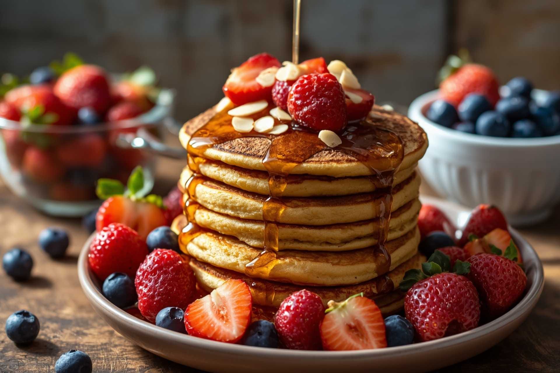 Vanilla Almond Pancakes with Fresh Berries